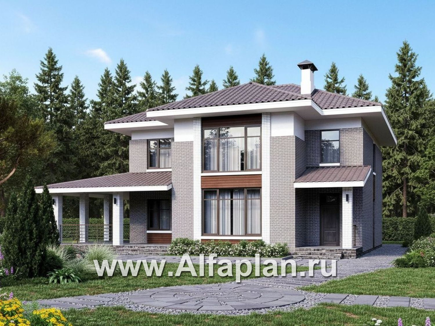 «Вермеер» - проект двухэтажного дома, планировка с лестницей в гостиной и мастер спальня, с террасой - основное изображение