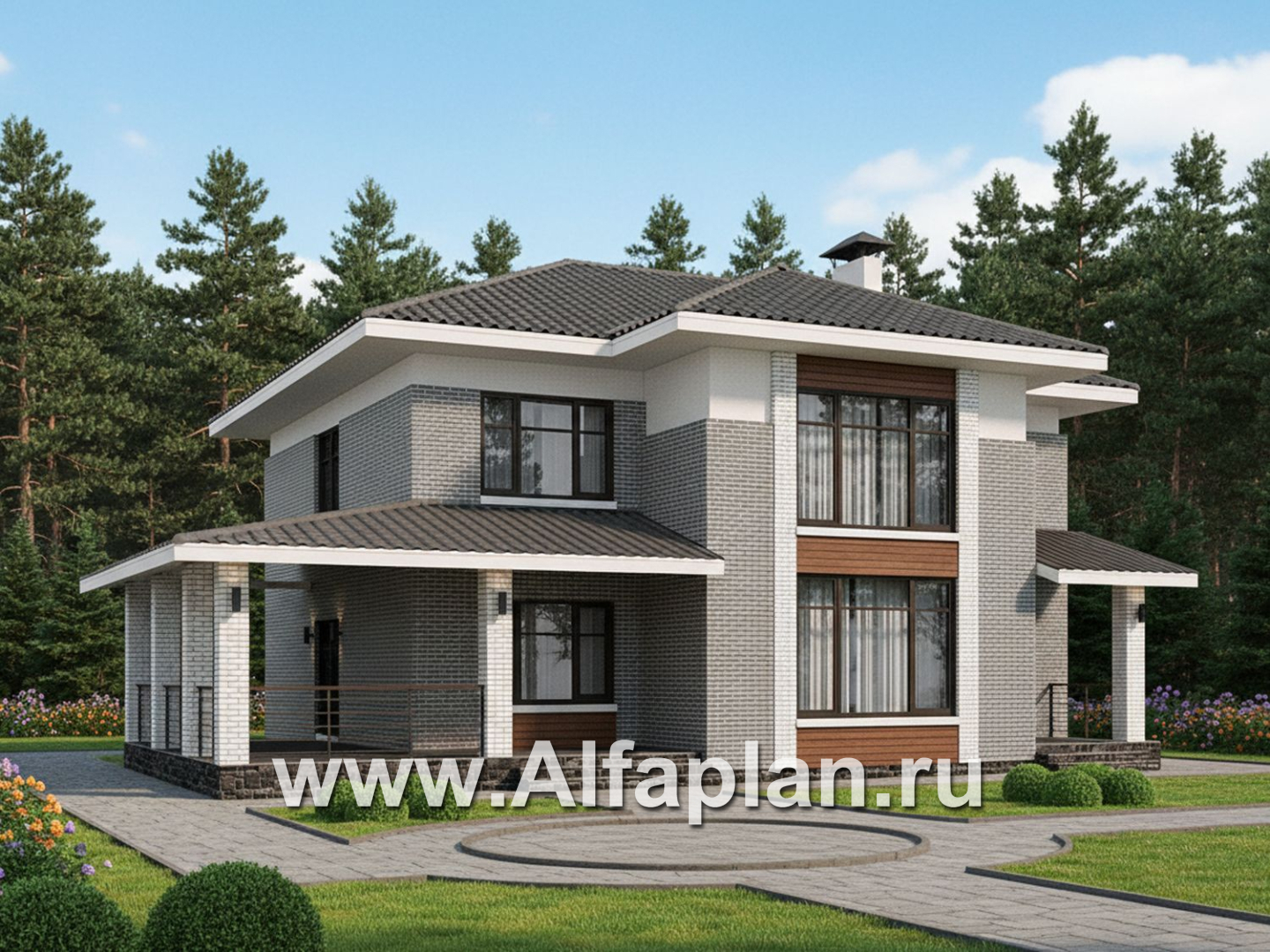 «Вермеер» - проект двухэтажного дома, планировка с лестницей в гостиной и мастер спальня, с террасой - дизайн дома №1