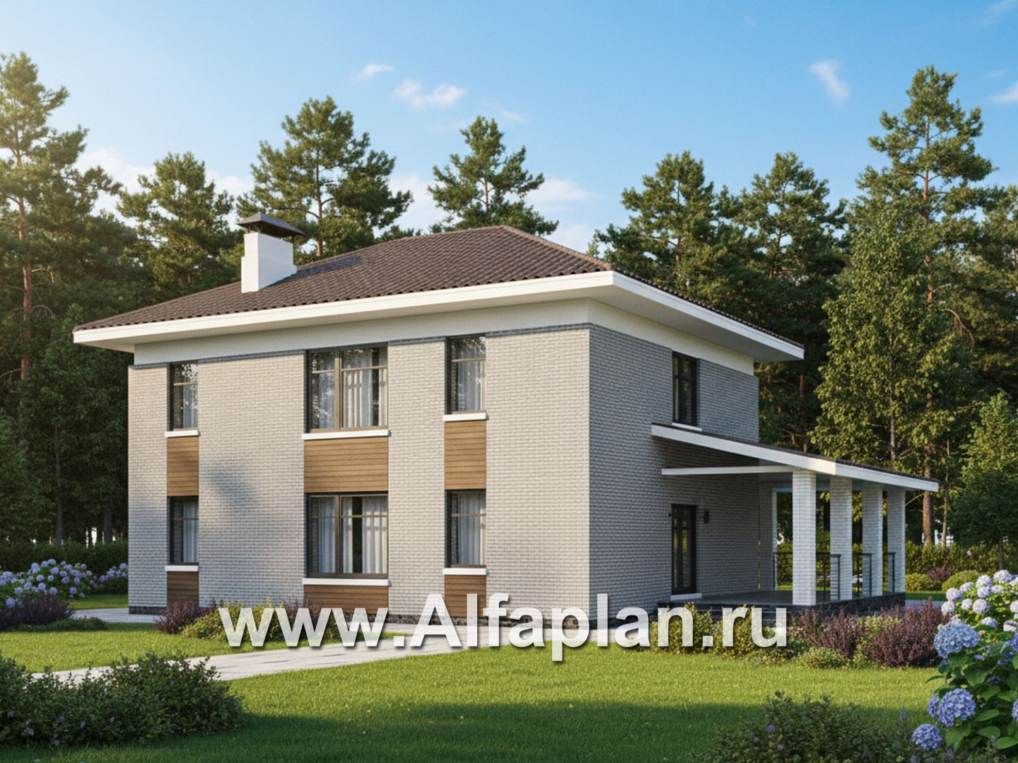 «Вермеер» - проект двухэтажного дома, планировка с лестницей в гостиной и мастер спальня, с террасой - дизайн дома №2