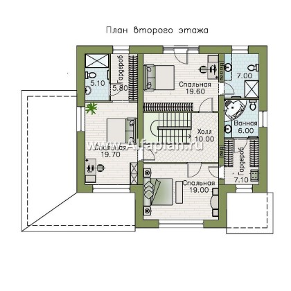 «Вермеер» - проект двухэтажного дома, планировка с лестницей в гостиной и мастер спальня, с террасой - превью план дома