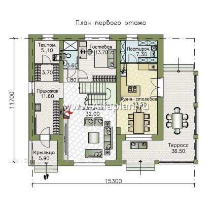 «Вермеер» - проект двухэтажного дома, планировка с лестницей в гостиной и мастер спальня, с террасой - превью план дома