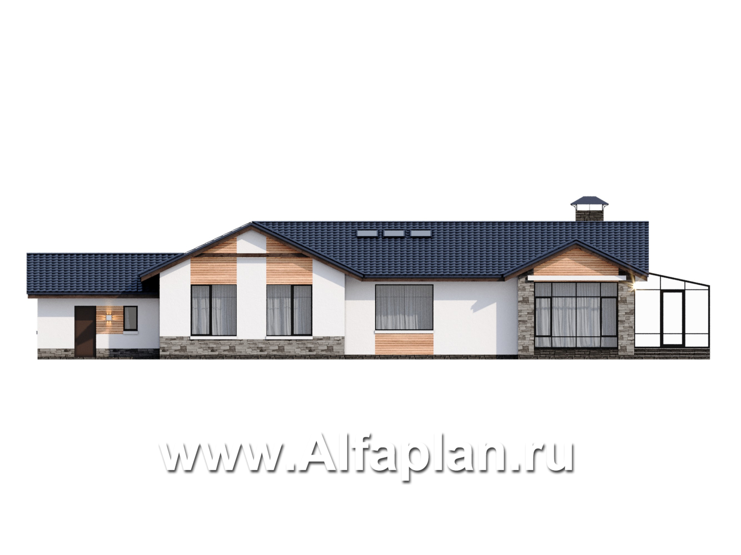 «Альтернатива» - проект одноэтажного дома, мастер спальня, с сауной и с террасой, планировка с зимним садом - фасад дома