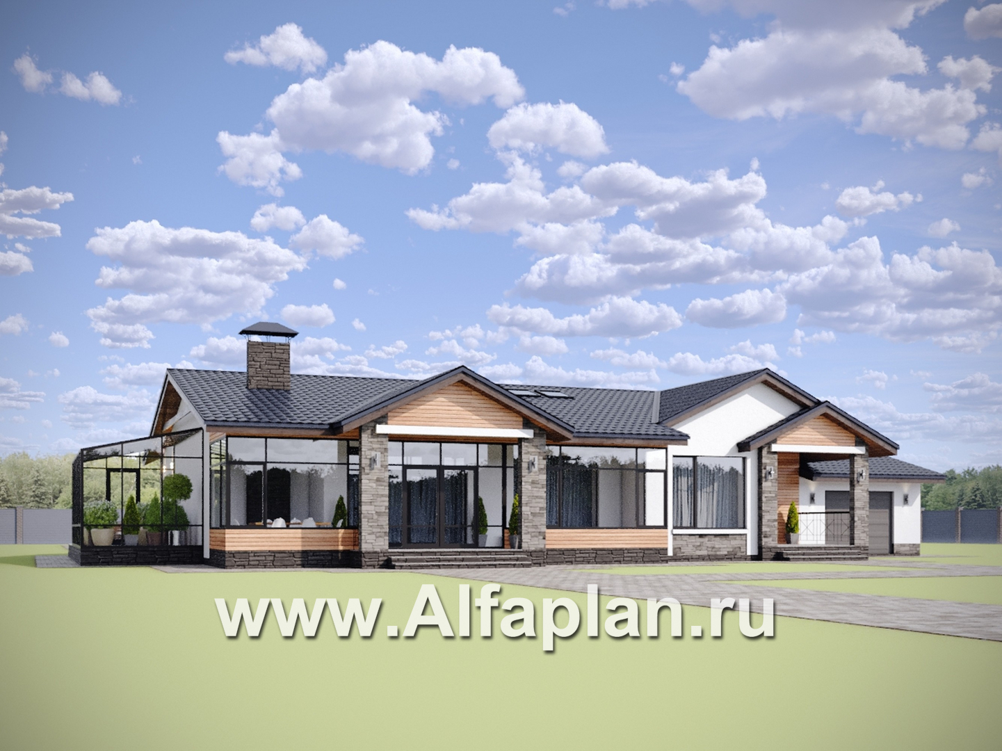 «Альтернатива» - проект одноэтажного дома, мастер спальня, с сауной и с террасой, планировка с зимним садом - дизайн дома №1