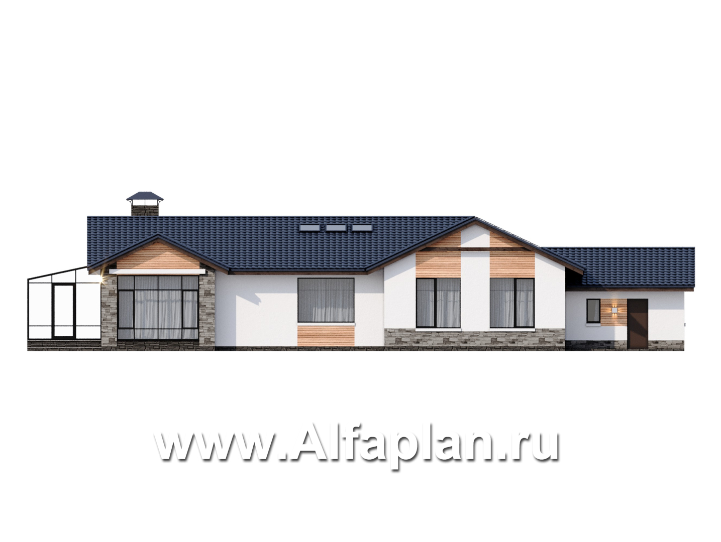 «Альтернатива» - проект одноэтажного дома, мастер спальня, с сауной и с террасой, планировка с зимним садом - фасад дома