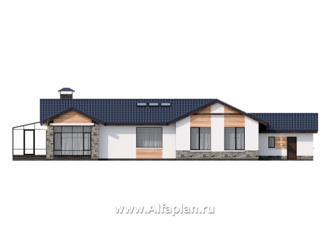 «Альтернатива» - проект одноэтажного дома, мастер спальня, с сауной и с террасой, планировка с зимним садом - превью фасада дома