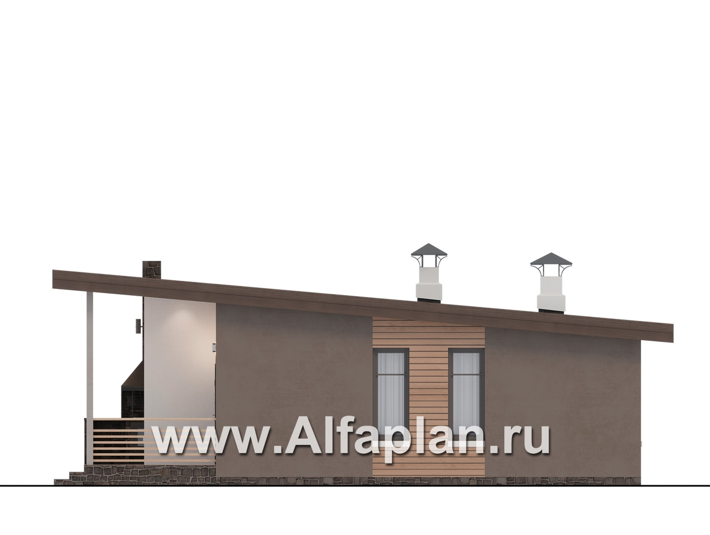 «Талисман» - проект одноэтажного дома с террасой, с односкатной кровлей,  2 спальни - фасад дома