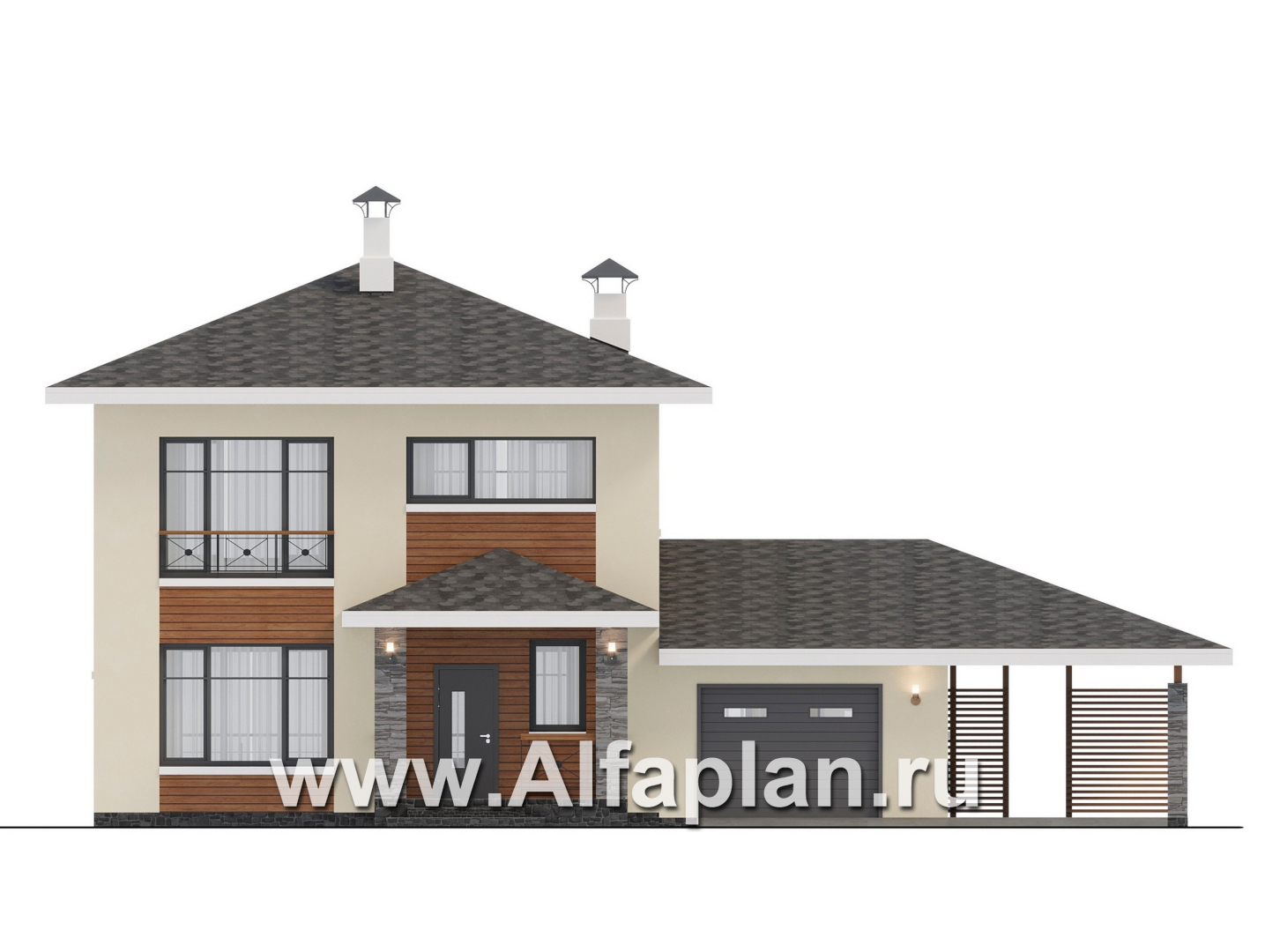 Проекты домов Альфаплан - "Остров сокровищ" - проект экономичного дома с гаражом и навесом для автомобилей - изображение фасада №1