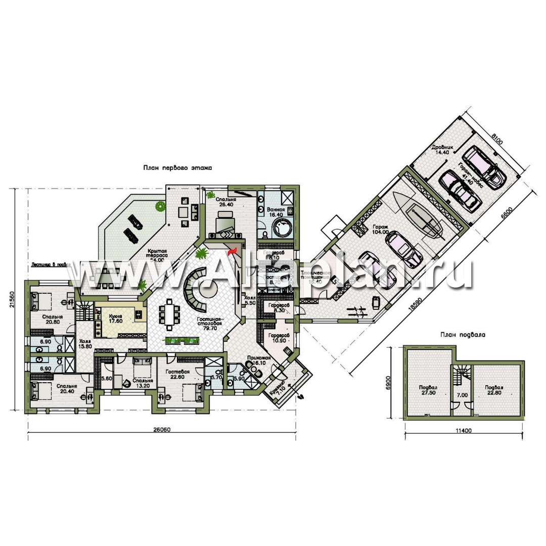 «Полярная звезда« - проект одноэтажного дома из кирпичей, вилла с диагональным планом, с гаражом - план дома