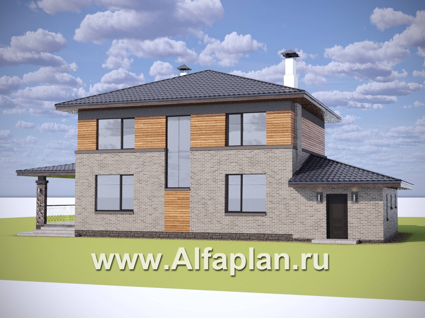 «Компас» - проект двухэтажного дома из газобетона, стеррасой и гаражом, в стиле Райта - дизайн дома №2