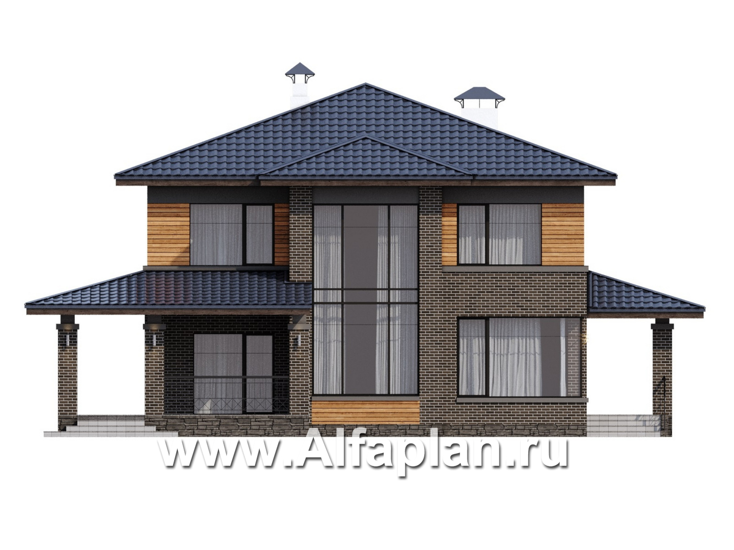 «Компас» - проект двухэтажного дома, планировка со вторым светом и террасой, в стиле Райта - фасад дома