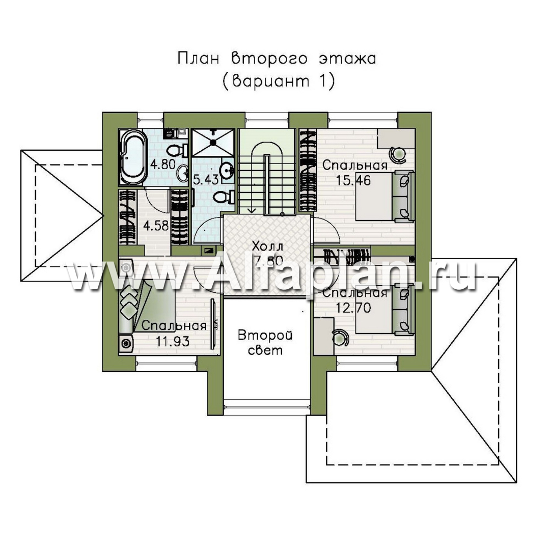 «Компас» - проект двухэтажного дома, планировка со вторым светом и террасой, в стиле Райта - план дома
