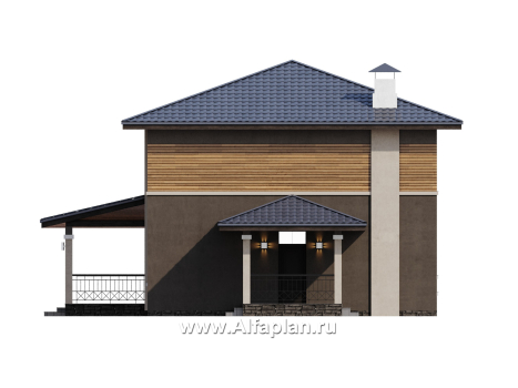 «Юта» - проект двухэтажного дома из кирпича, со вторым светом в столвой, с террасой, в стиле Райта - превью фасада дома