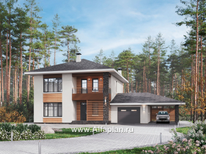 «Ладога» - проект двухэтажного дома из газобетона, в современном стиле, с террасой, планировка с гаражом