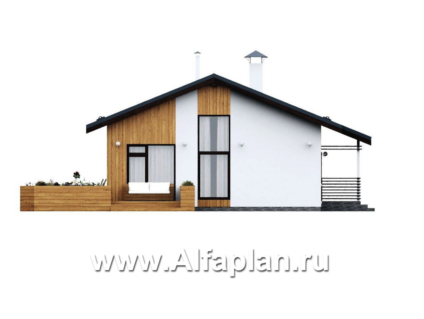 «Литен» - проект простого одноэтажного дома, планировка 2 спальни, с двускатной крышей - фасад дома