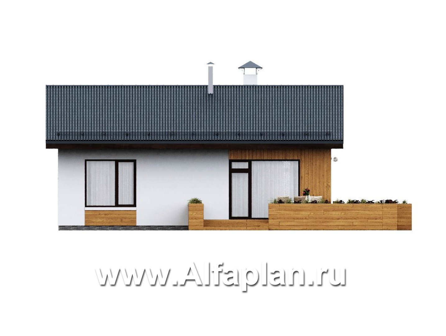 «Литен» - проект простого одноэтажного дома, планировка 2 спальни, с двускатной крышей - фасад дома