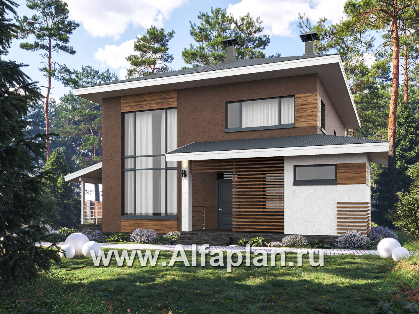 «Чистая линия» - проект дома, 2 этажа, с двусветной гостиной, с террасой, в современном стиле - дизайн дома №1