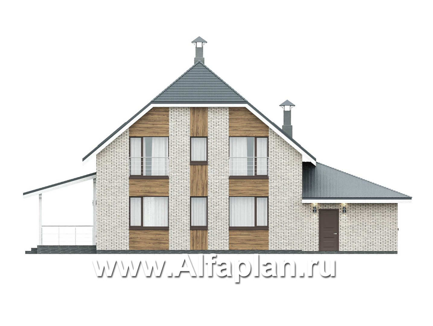 «Династия» - проект дома с мансардой, мастер спальня, с террасой сбоку и гаражом с мастерской - фасад дома