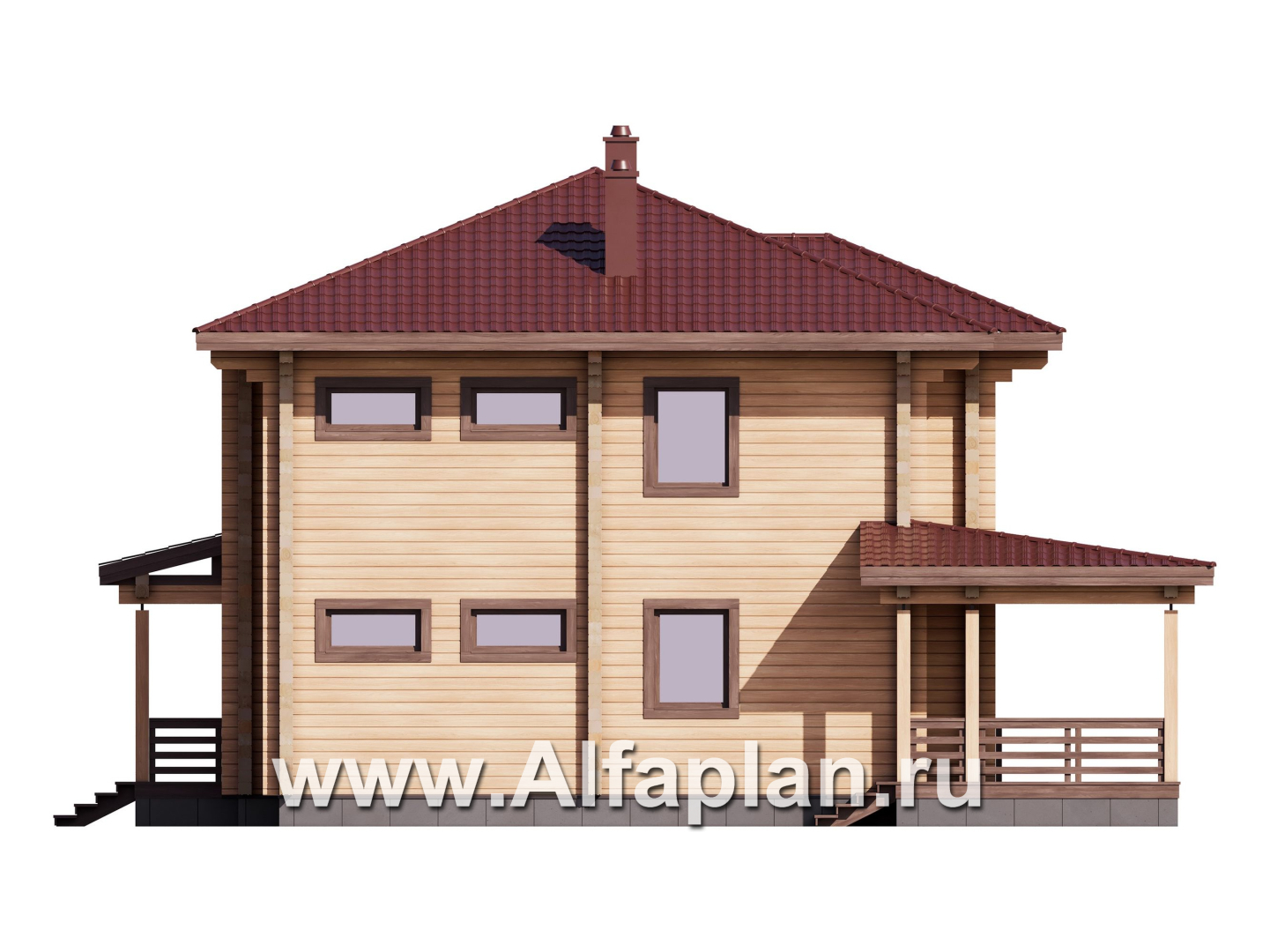 Проект двухэтажного дома из клееного бруса, планировка со спальней на 1 эт, с террасой - фасад дома