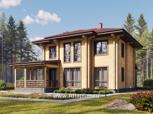 Проект двухэтажного дома из клееного бруса, планировка со спальней на 1 эт, с террасой
