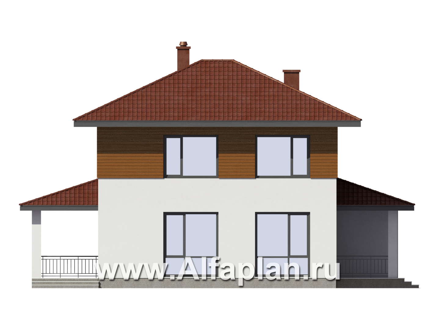 Проект загородного дома, c кабинетом на 1 эт и с террасой, гараж на 1 авто + навес на 2 авто - фасад дома