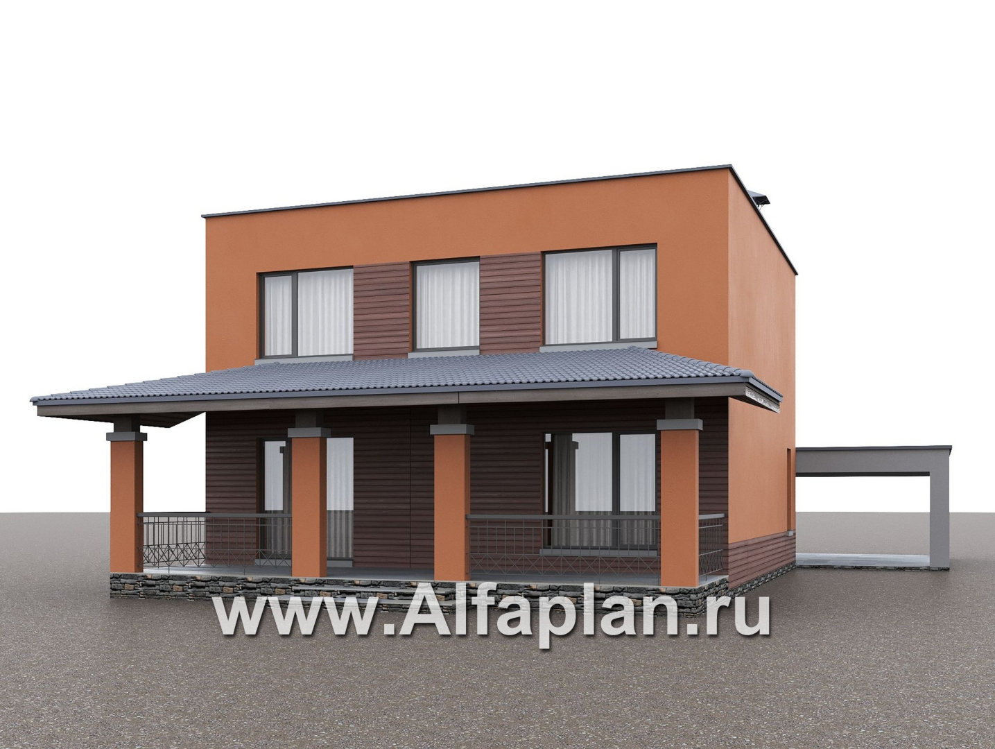 «Невада» - проект двухэтажного дома из газобетона, с террасой, навес на 2 авто, с плоской крышей в стиле минимализм - дизайн дома №3