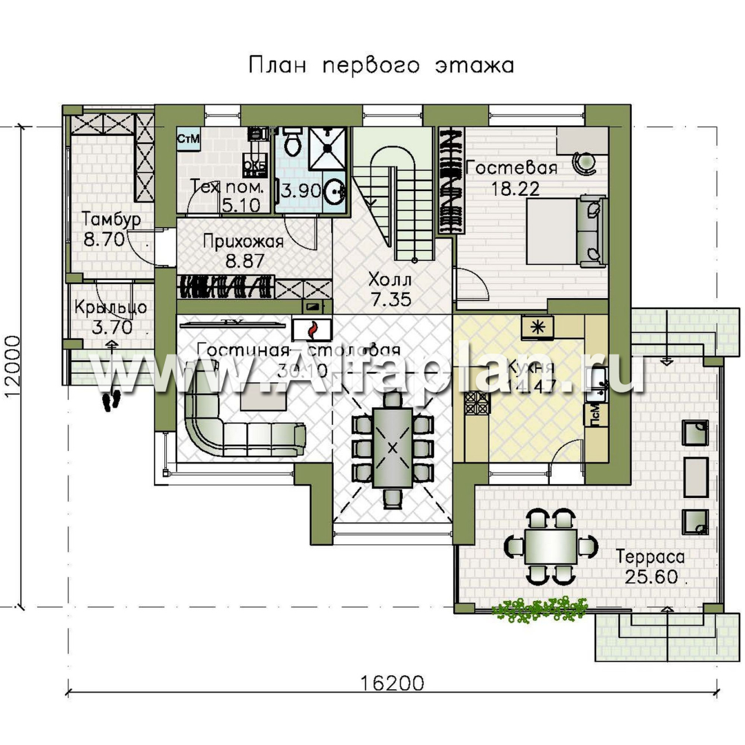 «Селектум» - красивый проект двухэтажного дома, планировка с мастер спальней, двусветная столовая, плоская крыша, в стиле минимализм - план дома