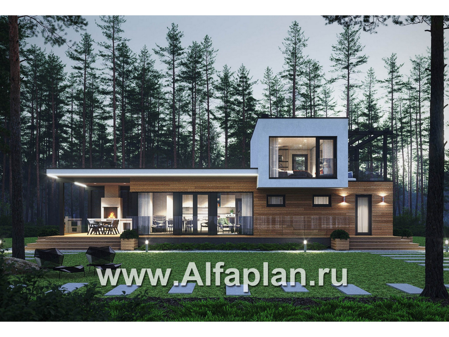 Проект бани, дома для отдыха в стиле хай-тек, с террасой и с плоской крышей - дизайн дома №2