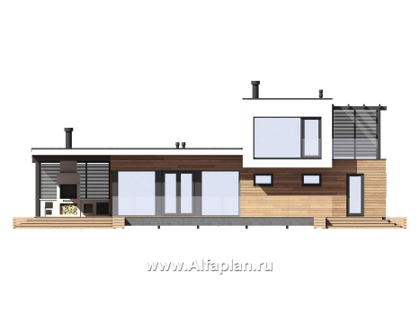 Проект бани, дома для отдыха в стиле хай-тек, с террасой и с плоской крышей - превью фасада дома