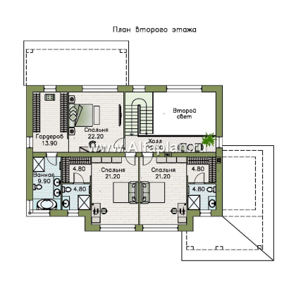 «Каменная гавань» - проект двухэтажного дома, планировка две спальни на 1эт и второй свет в гостиной, три мастер спальни, в современном стиле - превью план дома