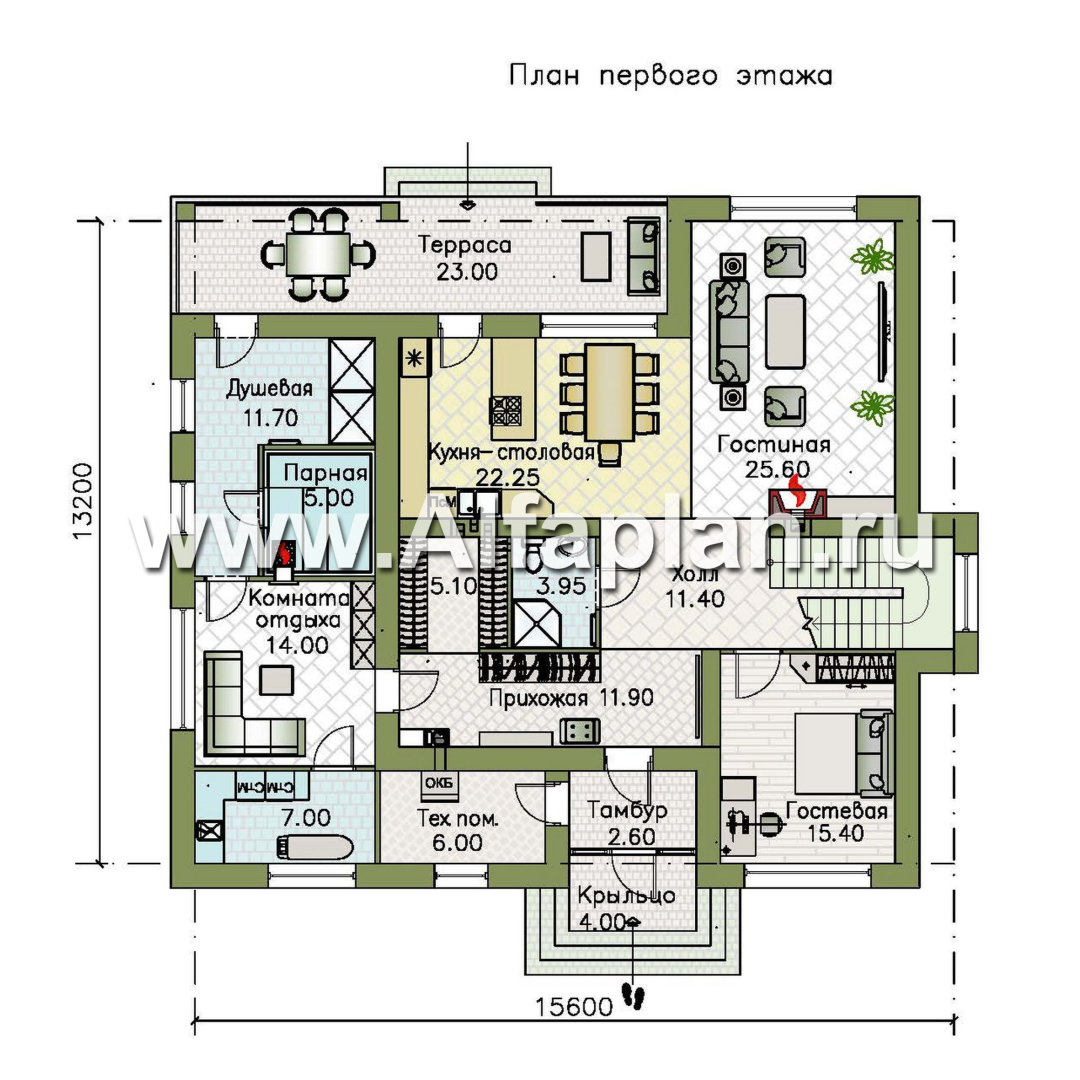 «Репутация» - красивый проект двухэтажного дома из газобетона, планировка с эркером и сауной, в английском стиле - план дома