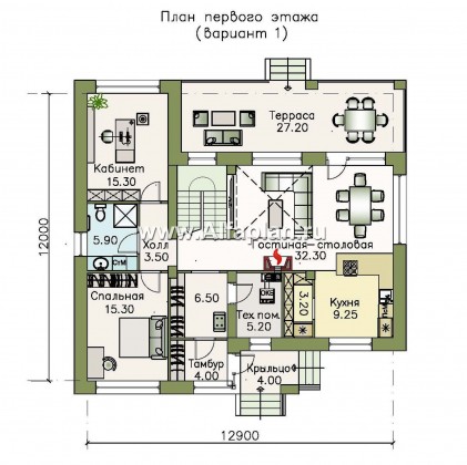 «Ренуар» - проект двухэтажного дома из газобетона, планировка с двумя спальнями на 1 эт, и террасой - превью план дома
