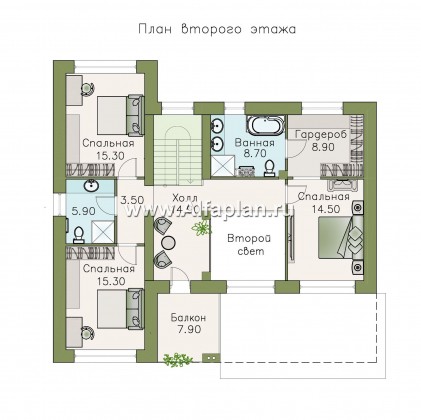 «Ренуар» - проект двухэтажного дома, планировка с двумя спальнями на 1 эт и вторым светом - превью план дома