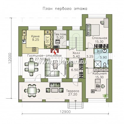 «Ренуар» - проект двухэтажного дома, планировка с двумя спальнями на 1 эт и вторым светом - превью план дома