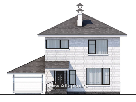 Проект двухэтажного дома из кирпича «Серебро», с террасой и с навесом для авто - превью фасада дома