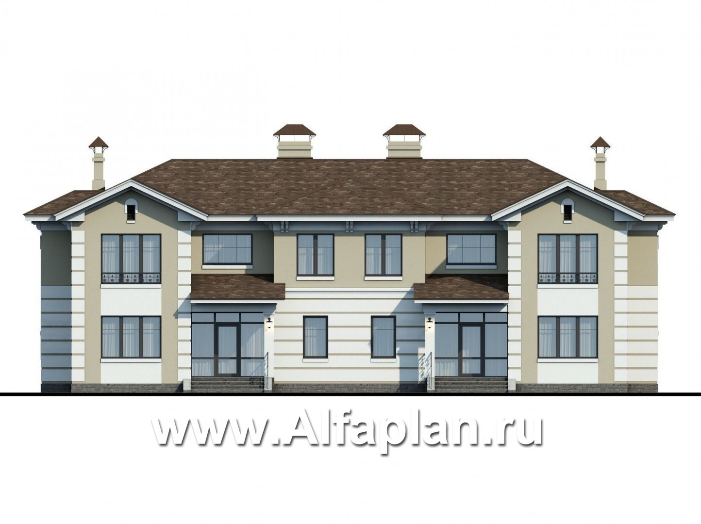 «Репутация»-проект двухэтажного дома из газобетона, планировка с эркером и с террасой, таунхаус в английском стиле - фасад дома