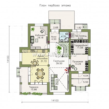 «Голицын» - проект двухэтажного дома, планировка с двусветной гостиной, угловая терраса с панорамным остеклением - превью план дома