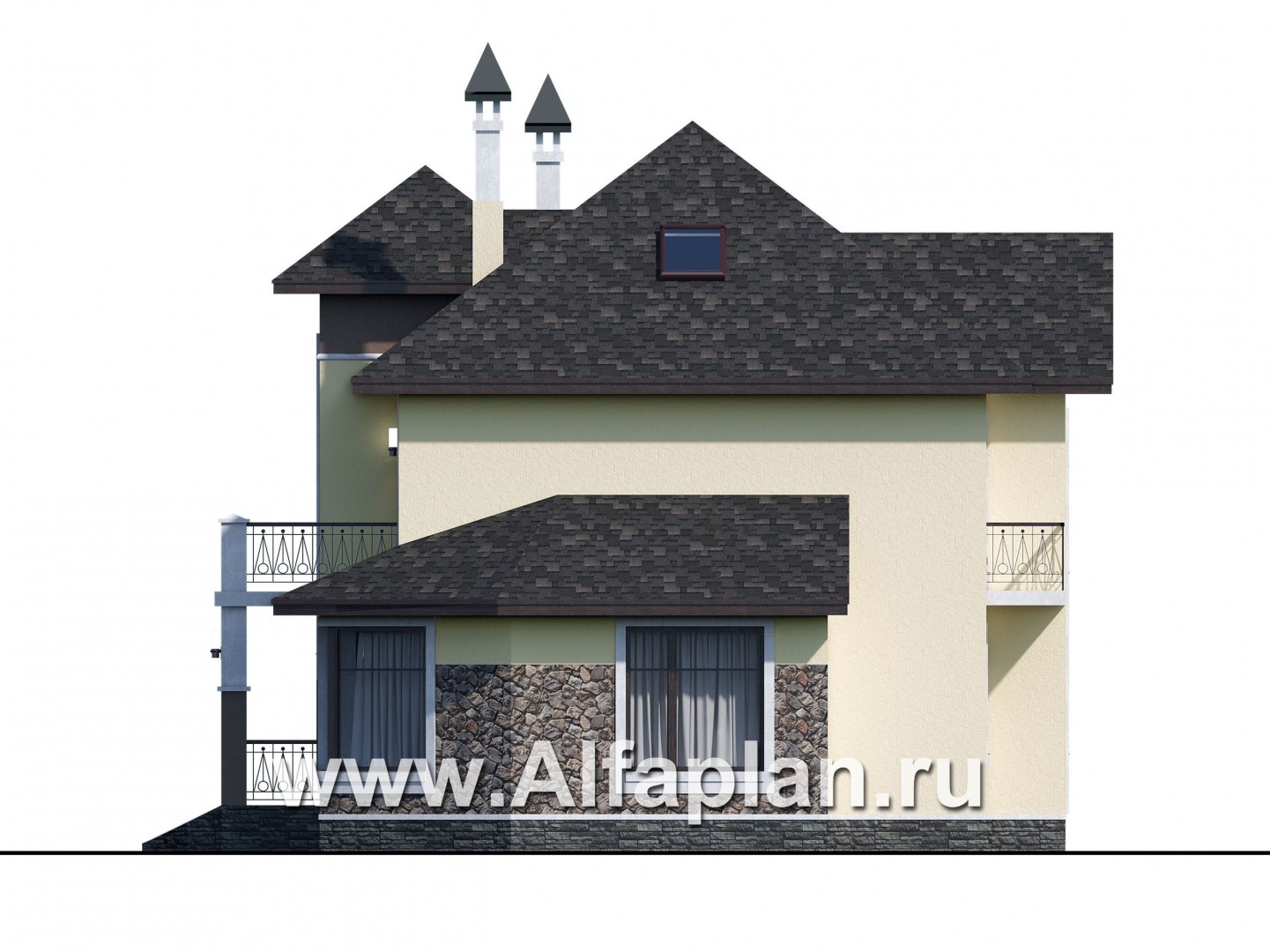 «Разумовский» - проект двухэтажного дома из кирпича, с эркером, с террасой и с балконом - фасад дома