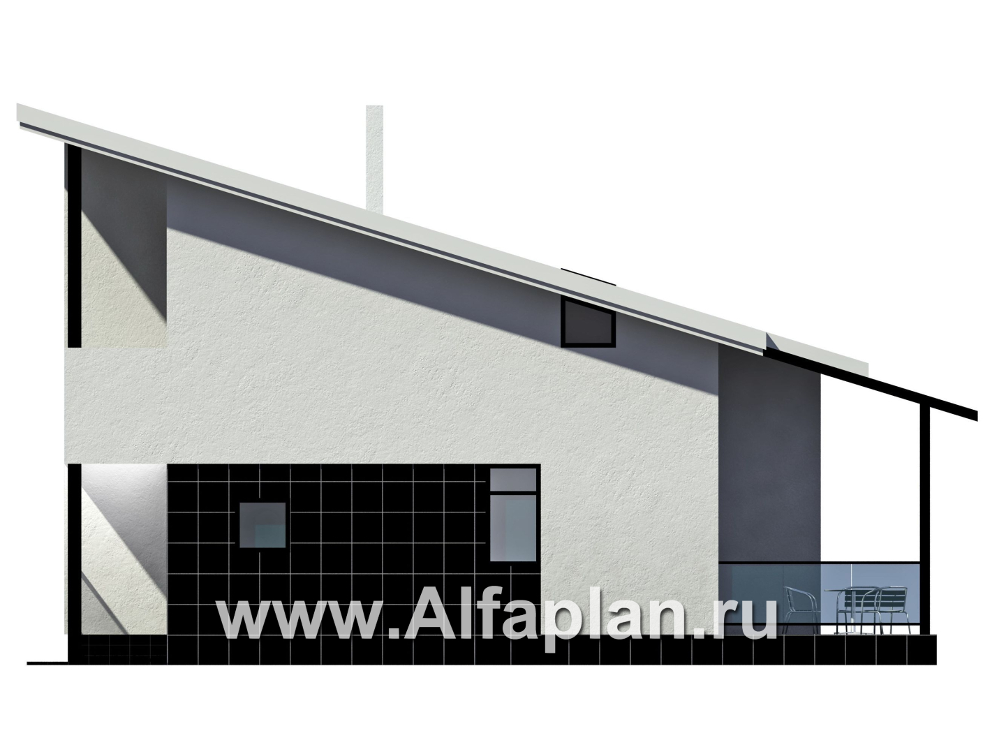 Проект дома с мансардой, планировка со вторым светом в гостиной, с террасой и односкатной крышей, в стиле минимализм - фасад дома