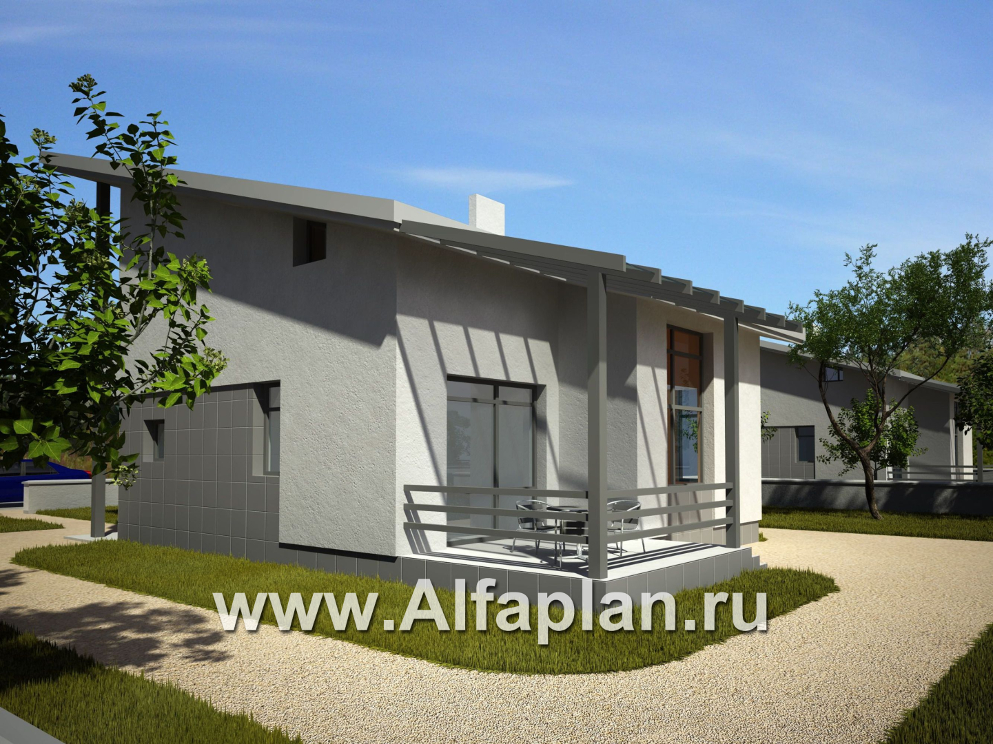 Проект дома с мансардой, планировка со вторым светом в гостиной, с террасой и односкатной крышей, в стиле минимализм - дизайн дома №1
