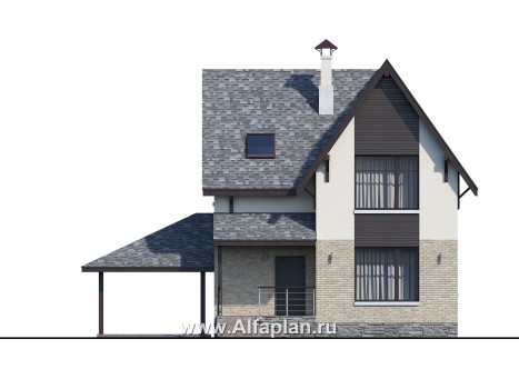 «Оптима»- проект современного дома с мансардой, из кирпичей или газобетона, с гаражом-навесом - превью фасада дома