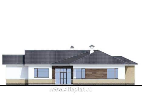 «Модуль» — проект современного одноэтажного дома, с диагональным планом, мастер спальня - превью фасада дома