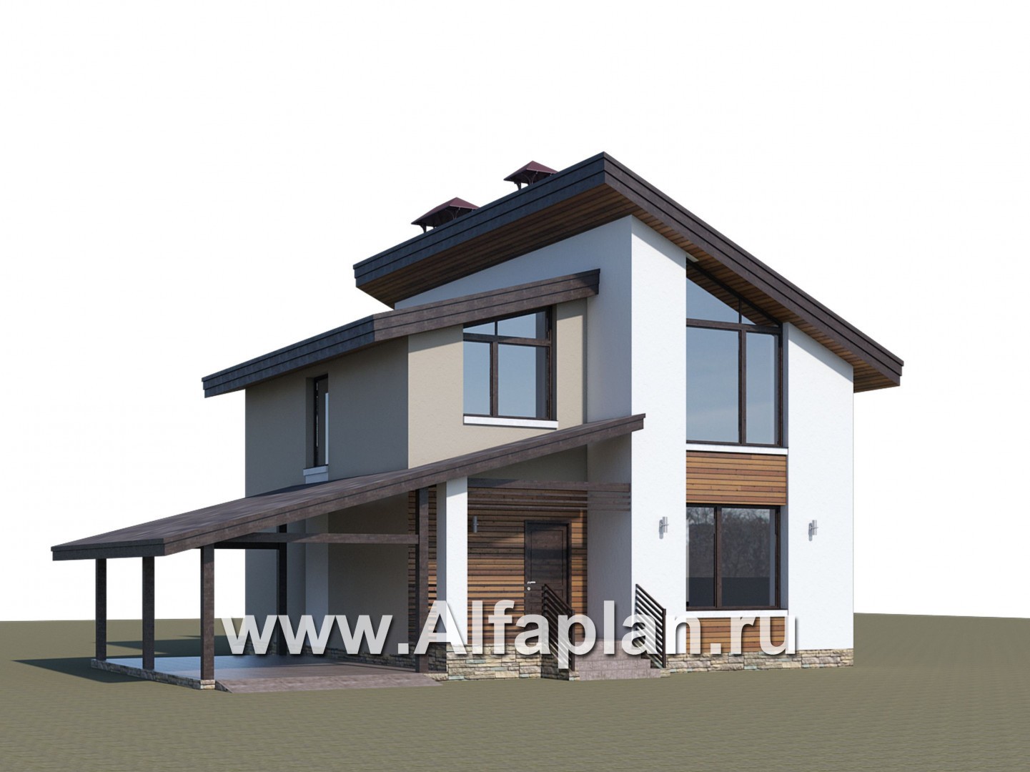 «Оптима»- проект двухэтажного дома, в современном стиле, с  навесом на 1 авто, удобный план - дизайн дома №1