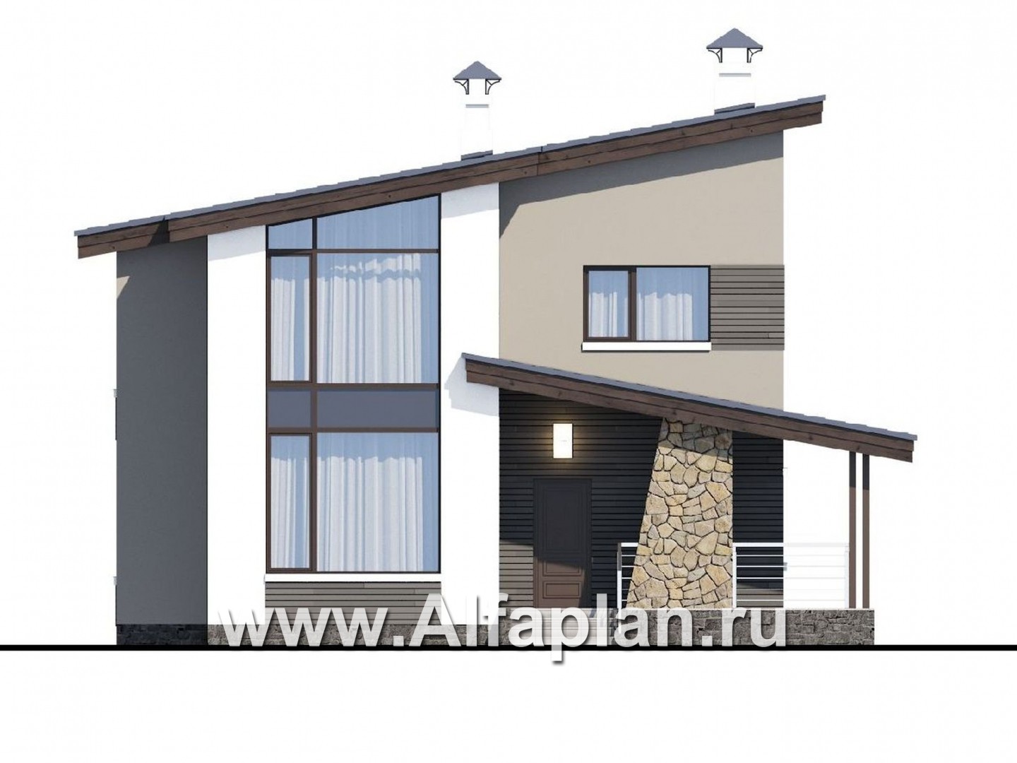 «Борей» - проект двухэтажного дома с террасой, планировка с кабинетом на 1 эт, в современном стиле с односкатной крышей - фасад дома