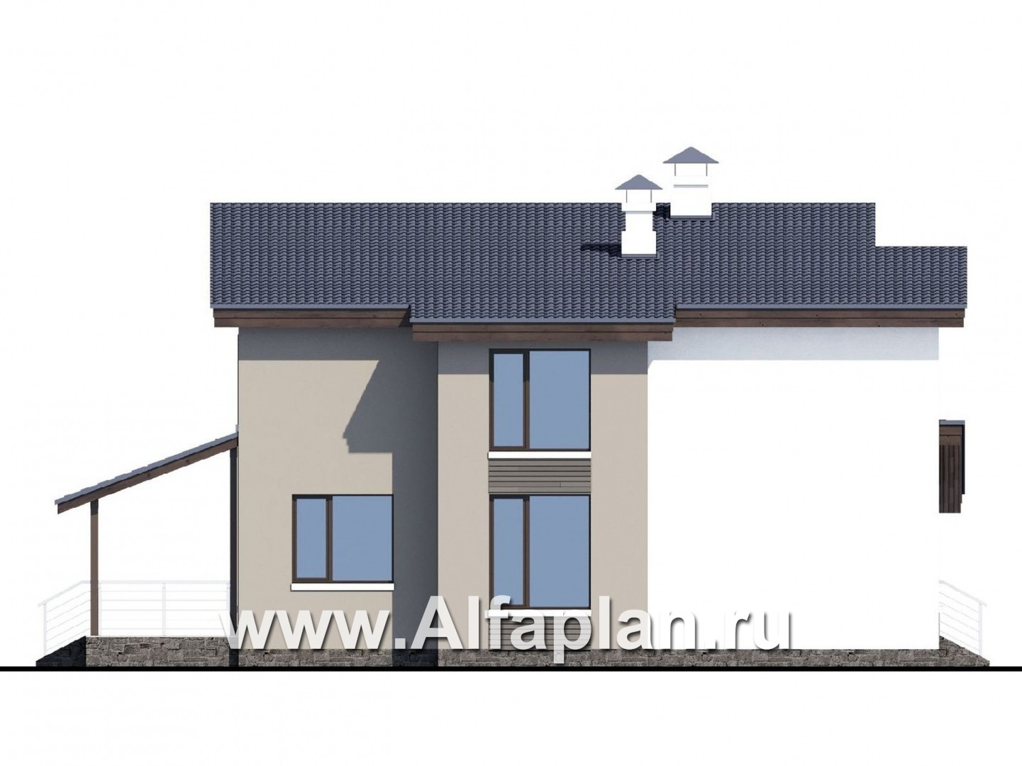 «Борей» - проект двухэтажного дома с террасой, планировка с кабинетом на 1 эт, в современном стиле с односкатной крышей - фасад дома