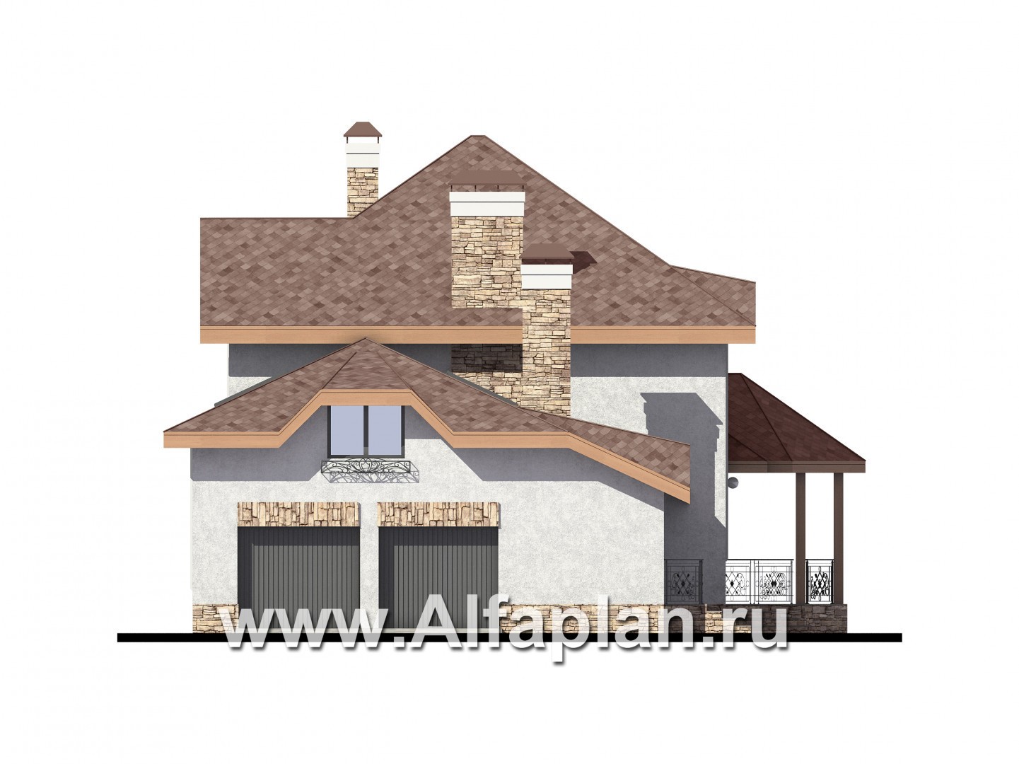 Проект двухэтажного дома, с террасой, планировка с гаражом на 2 авто и с тренажерным залом над ним - фасад дома