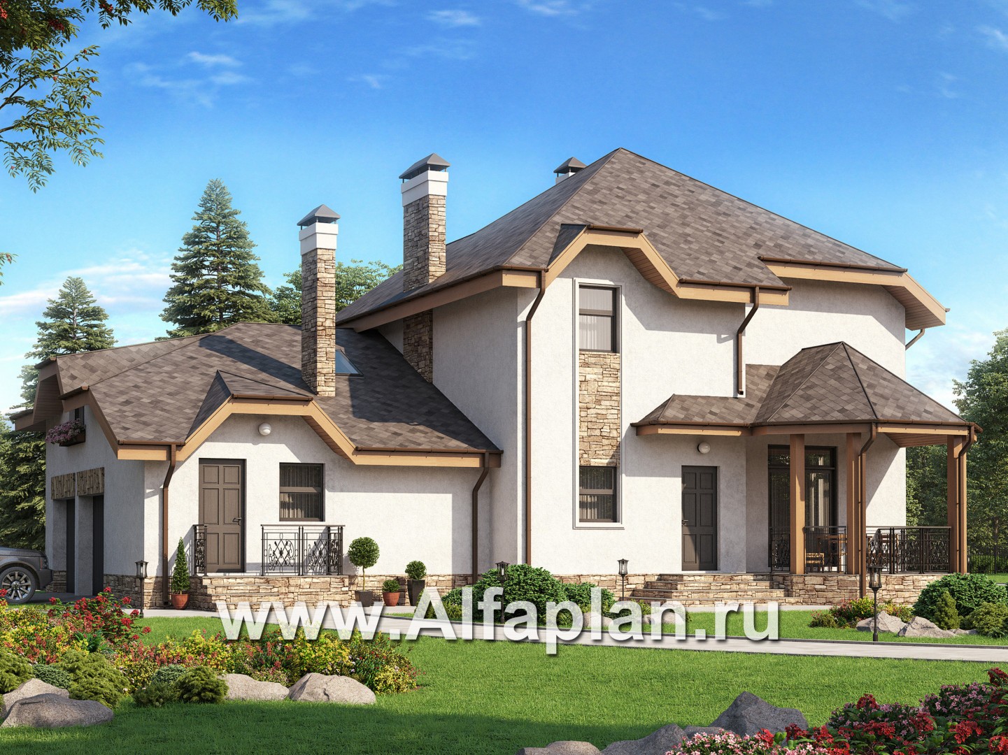 Проект двухэтажного дома, с террасой, планировка с гаражом на 2 авто и с тренажерным залом над ним - основное изображение