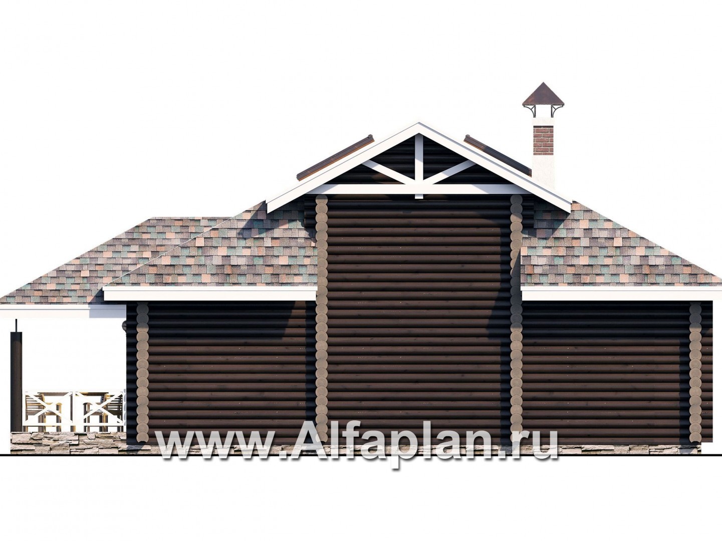 Проект бани, из дерева, из бревен, с мансардой, планировка с двумя спальнями - фасад дома