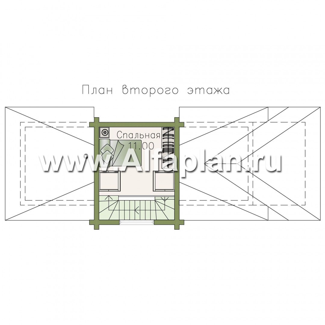 Проект бани, из дерева, из бревен, с мансардой, планировка с двумя спальнями - план дома