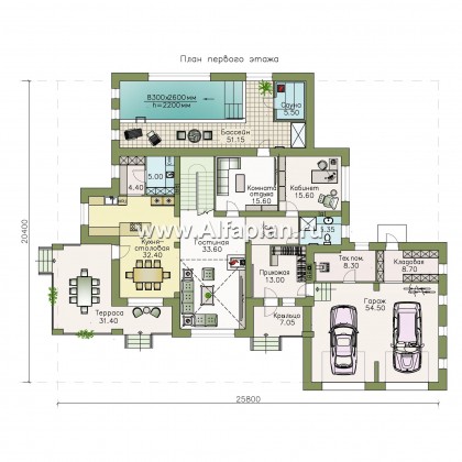 «Арно» - проект двухэтажного дома,  с двусветной гостиной,с бассейном и с террасой, с гаражом на 2 авто - превью план дома