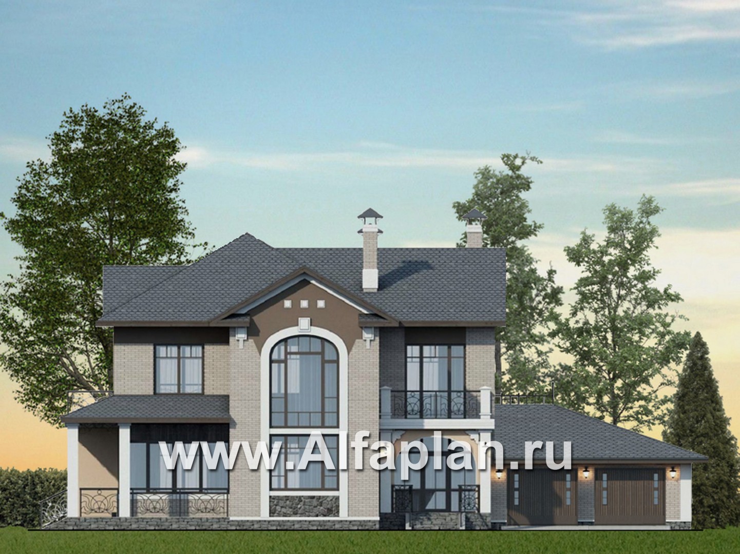 «Голицын» - проект двухэтажного дома, с двусветной гостиной и с террасой, в стиле модерн и гаражом на 2 авто - основное изображение